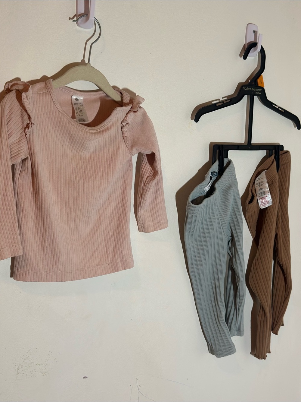 H&M Kids Ribbed Long-Sleeve Top and Leggings Set - Blush Pink, Light Gray, Brown
